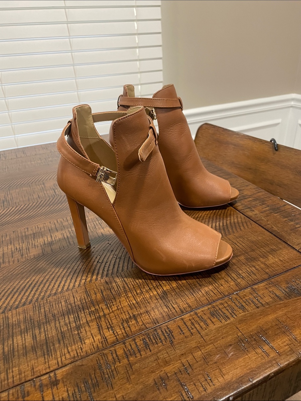 Michael Kors Cognac Open-Toe Ankle Booties with Buckle Strap